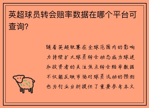 英超球员转会赔率数据在哪个平台可查询？
